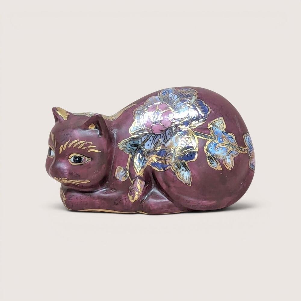 Vintage FF Fine Ceramic Floral Painted Cat Figurine